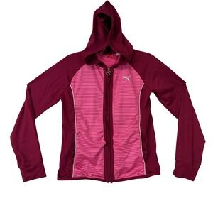 Girls Puma Pink Purple Striped Zip Up Hoodie Jacket Athletic Sportswear Size M‎